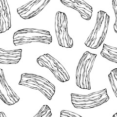 Pork Bacon Seamless. Isolated On a White Background. Realistic Doodle Cartoon Style Hand Drawn Sketch Vector Illustration. Food Pattern. - obrazy, fototapety, plakaty