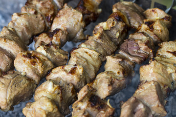 Marinated shashlik preparing on a barbecue grill over charcoal. Shashlik or Shish kebab popular in Eastern Europe. Shashlyk (skewered meat) was originally made of lamb. Roast Beef Kebabs On BBQ Grill