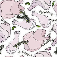 Seamless with Raw Chicken or Turkey and Herbs. Isolated On a White Background. Realistic Doodle Cartoon Style Hand Drawn Sketch Vector Illustration. Fresh Meat Food Pattern.