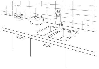 Kitchen sink. Kitchen worktop with sink in line style. Vector illustration in a linear style. - 158659672
