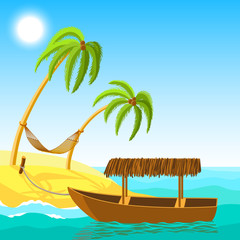 Wooden boat on a sandy beach with palm trees and a hammock