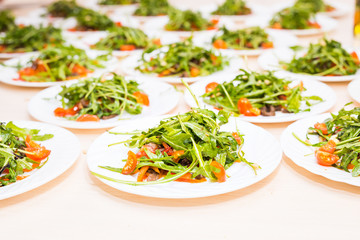 Many plates with fresh salad with meat, tomatoes, nuts and mixed greens arugula, mesclun, mache on the table. Healthy food.