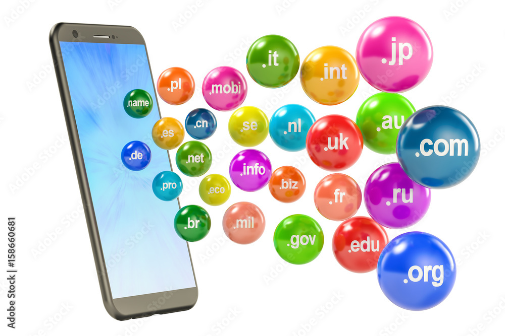 Poster phone with domain names, 3d rendering