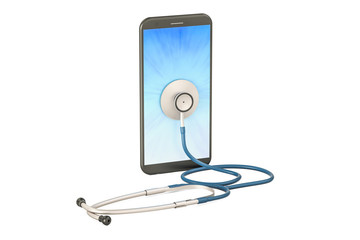 Modern smartphone with stethoscope, 3D rendering