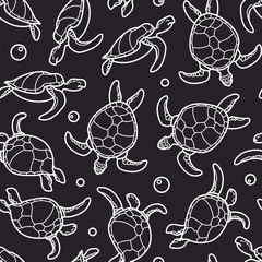 Cheloniidae. Seamless pattern with turtles. Linear graphics. Animal world under water. Ocean. Vector illustration.