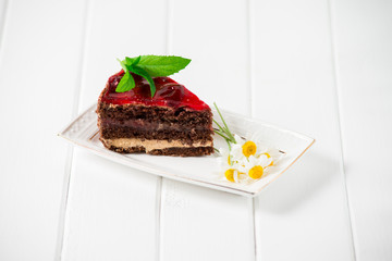Tasty chocolate cake with berries on table close up, Chocolate Cake, Chocolate.