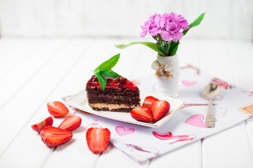 Tasty chocolate cake with berries on table close up, Chocolate Cake, Chocolate.
