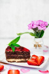Tasty chocolate cake with berries on table close up, Chocolate Cake, Chocolate.