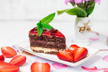 Tasty chocolate cake with berries on table close up, Chocolate Cake, Chocolate.