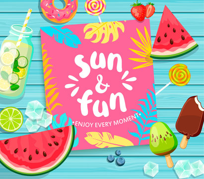 Sun and Fun lettering on blue wooden background.