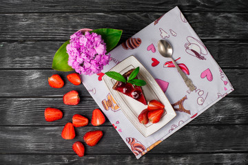 Tasty chocolate cake with berries on table close up, Chocolate Cake, Chocolate.