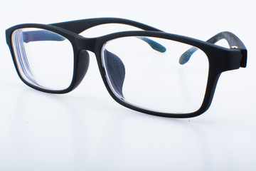 black frame spectacles isolated on white background close up
