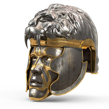 Medieval fantasy helmet closed with iron mask, and lion on top, on white isolated background. 3d illustration