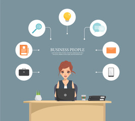 Business woman working in office room. Illustration vector.
