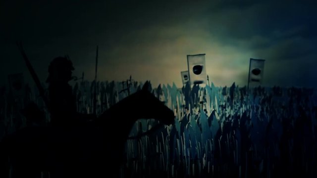 Japanese Samurai Leading Massive Army to War Under a Storm