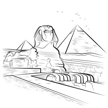 Drawing pyramids and Sphinx in Giza, Egypt. Vector illustration