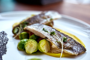 fried herring. Marinated fried herring fillets. Fried herrings, chips and vegetables