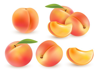 Peach. Sweet fruit. 3d vector set. Realistic illustration isolated