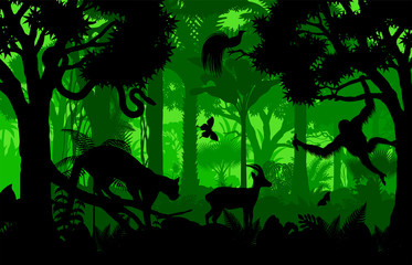 Vector evening indonesian tropical rainforest Jungle background with clouded leopard, gazelle, python, paradise bird and orangutan © Save Jungle