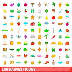 100 harvest icons set, cartoon style