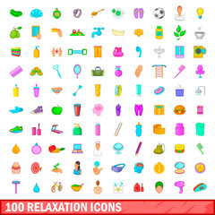 100 relaxation icons set, cartoon style