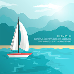 Fototapeta premium Boat on beach Vector illustration Sailing boat is sailing along the seashore