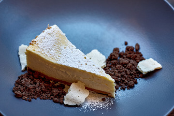 Slice of Plain New York Cheesecake on white plate on wooden background