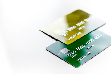 credit cards for business payments on white office desk background close up
