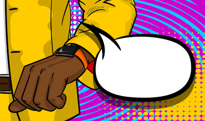 Black man businessman look at watch on hand. Business suit pop art character in cartoon style. Halftone vector bright color illustration. Empty oval speech bubble box. Comic book text balloon.