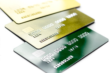 business with credit cards on office desk white background close up
