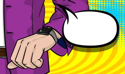White man businessman look at watch on hand. Business suit pop art character in cartoon style. Halftone vector bright color illustration. Empty oval speech bubble box. Comic book text balloon.