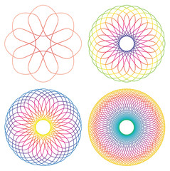 Collection of 4 rainbow colored line spirograph abstract elements - 4 different geometric ornaments flower like, symmetry, isolated on white - 158665678