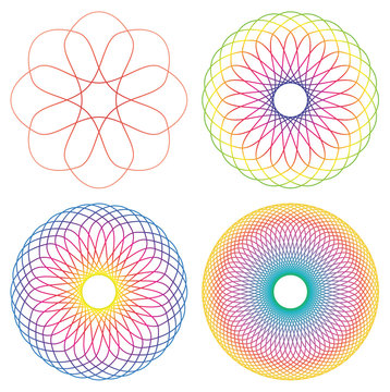 Collection of 4 rainbow colored line spirograph abstract elements - 4 different geometric ornaments flower like, symmetry, isolated on white