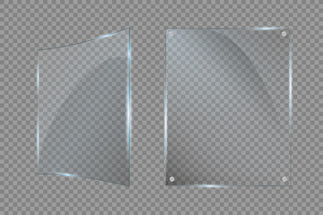 Glass plates set. Vector glass banners on transparent background.

