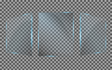 Glass plates set. Vector glass banners on transparent background.

