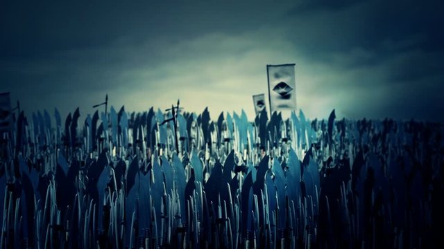 Japanese Army Marching to War with Mon of Takeda Clan Flags