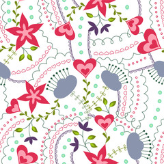 Hearts and flowers colorful on white