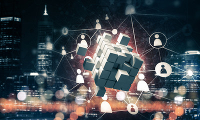 Concept of Internet and networking with digital cube figure on d