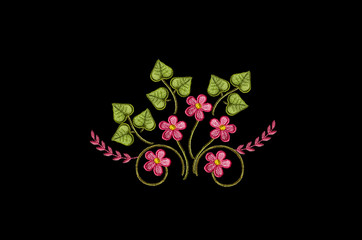Embroidered satin stitch bouquet of pink flowers with leaves on black background