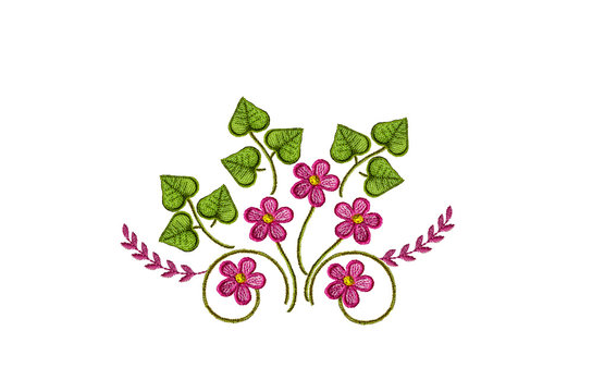  Pattern for embroidery bouquet of pink flowers and leaves on white background
