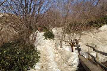 那須岳の残雪の登山道
