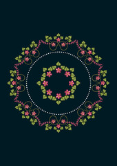  Pattern round frame  for embroidery napkin  with bouquet of pink flowers and leaves on black background
 
