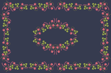 Frame of floral pattern for embroidery tablecloths with pink flowers and green leaves on muddy blue background