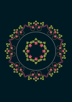  Pattern round frame  for embroidery napkin  with bouquet of pink flowers and leaves on black background
 