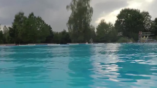 A camera placed underwater in a swimming pool,slow motion view