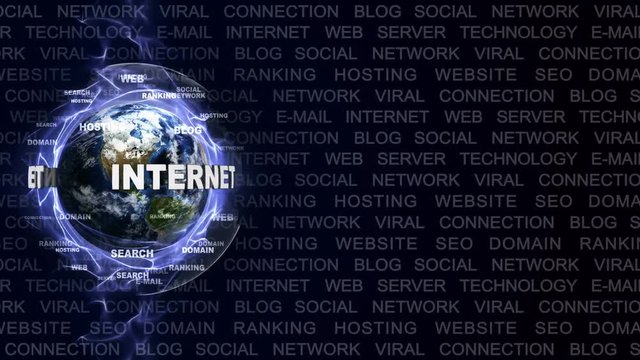 INTERNET Text Animation and Earth, with Keywords, Rendering, Background, Loop, 4k
