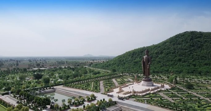Aerial photos, Aerial view of Statues of Buddha at Wat Thipsukhontharam,Kanchanaburi province,Thailand,Phra Buddha Metta,They are public domain or treasure of Buddhism