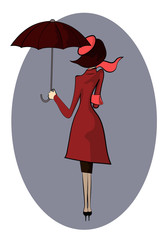 Lady in red. Girl under red umbrella in the rain