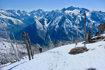 Woman  walking in mountains.  Icicle Ridge in Central Cascade Mountains. Leavenworth. Seattle. Washington. United States.