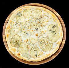 Pizza with pears, gorgonzola cheese, and mozzarella cheese over black